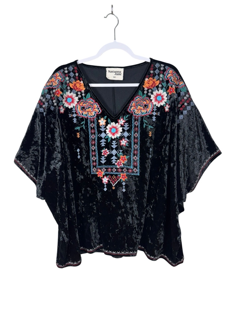 Savanna Jane Floral Embroidered Velvet Top Large Bohemian Whimsigoth Dolman